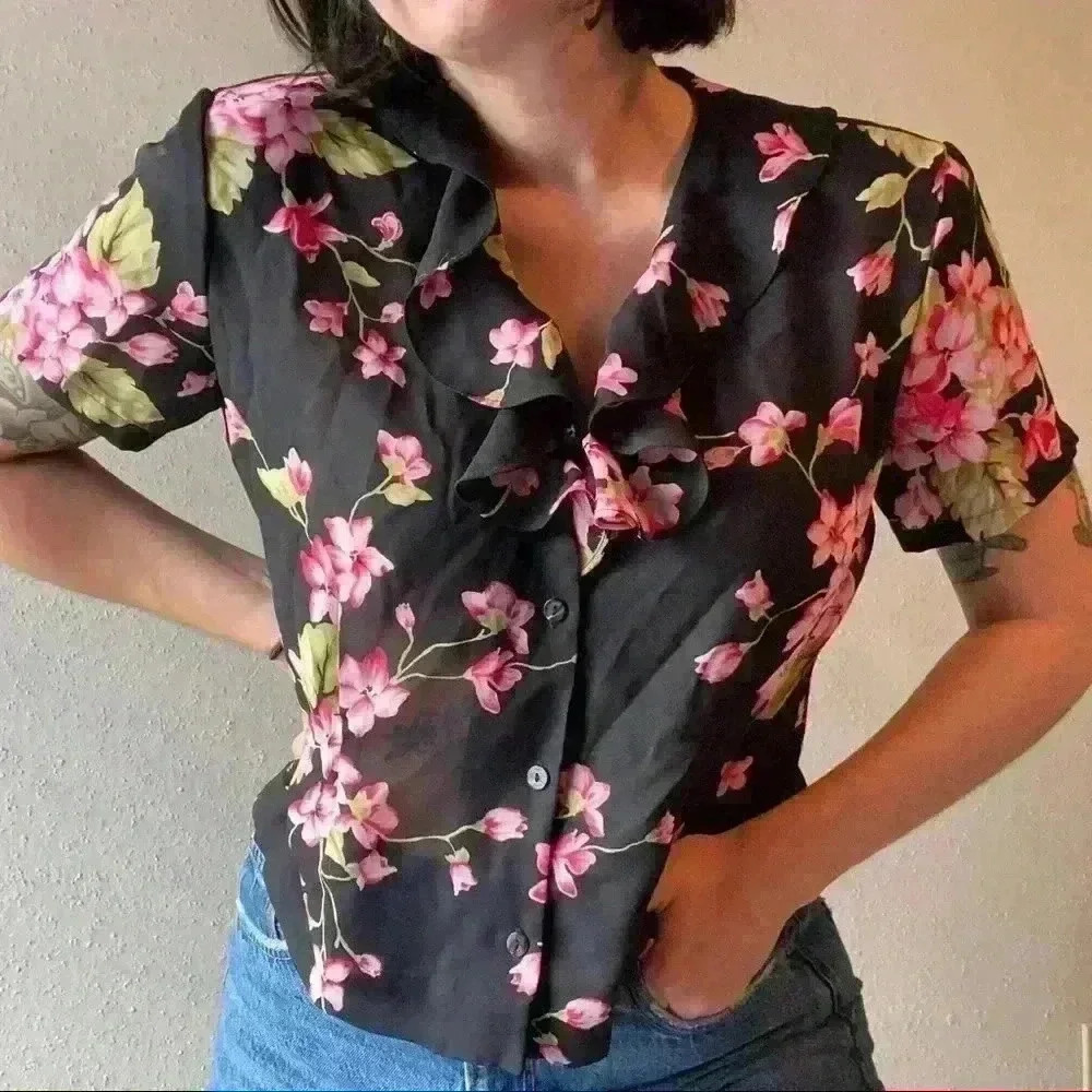 Vintage 90s floral‎ semi sheer ruffle button front blouse size 8